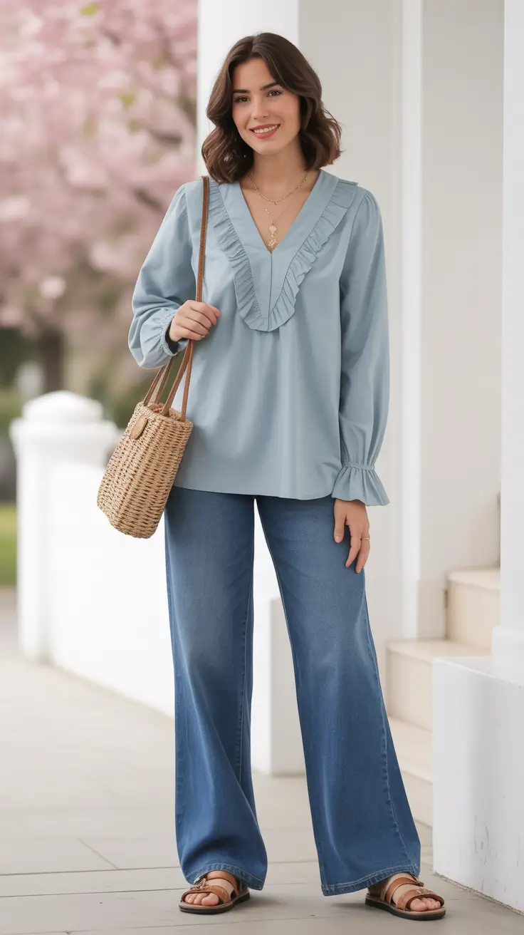 may outfits ideas 2026 Soft Romantic Blouse With Wide-Leg Denim And Natural Textures