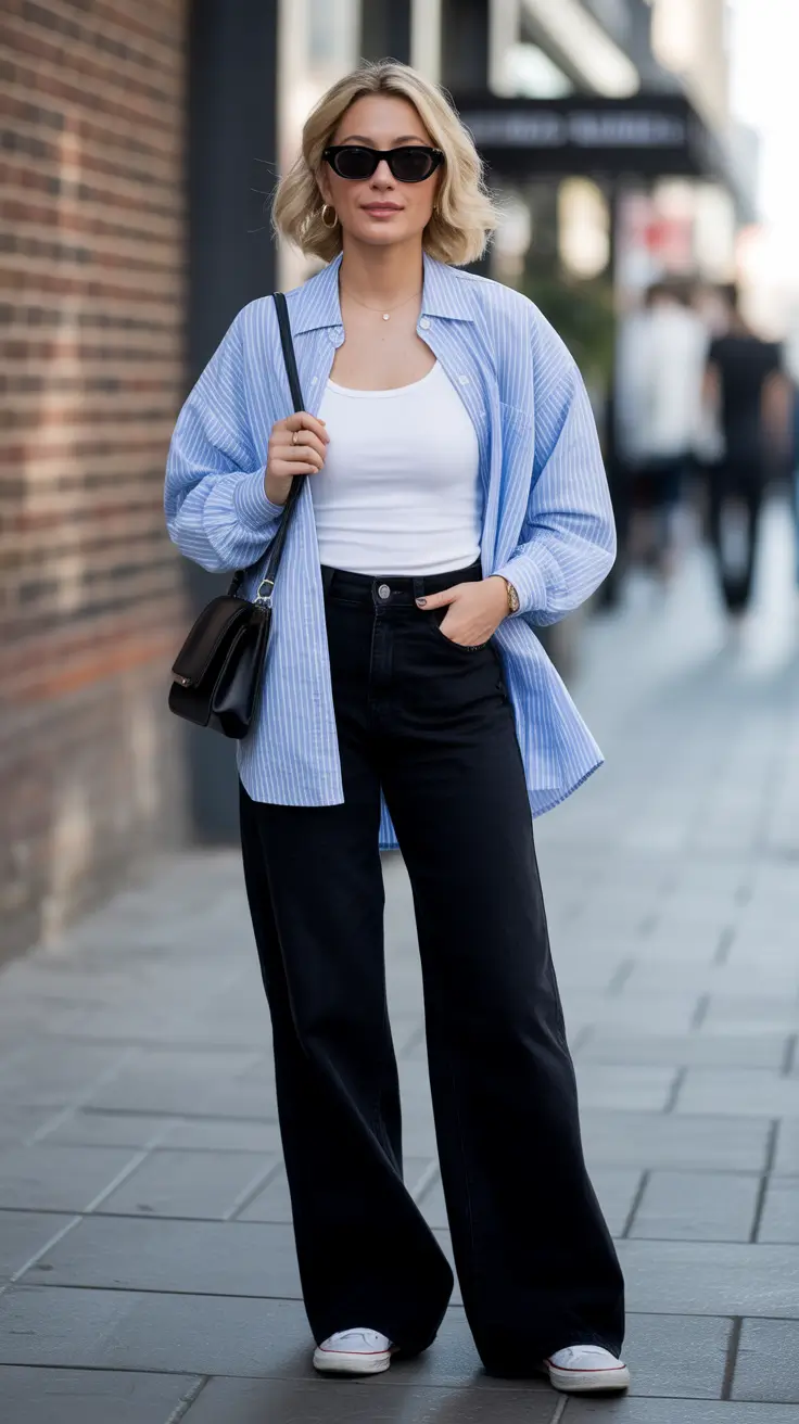may outfits ideas 2026 Relaxed Street Style With Oversized Shirt And Wide Black Denim