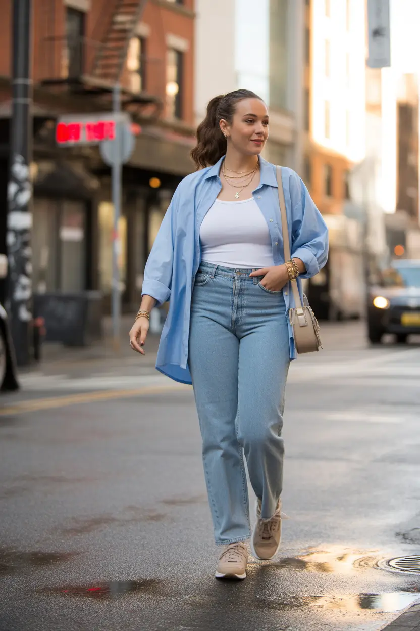 oversized midsize spring outfits 2026 Light Blue Shirt And Classic Denim For Easy Spring Outings