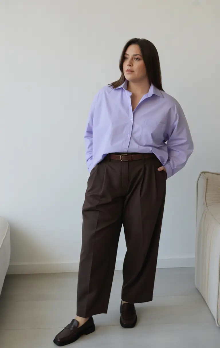 oversized midsize spring outfits 2026 Soft Lavender Shirt And Relaxed Tailoring For Effortless Work Style