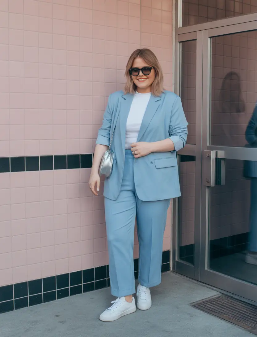 oversized midsize spring outfits 2026 Powder Blue Suit With Casual Sneakers