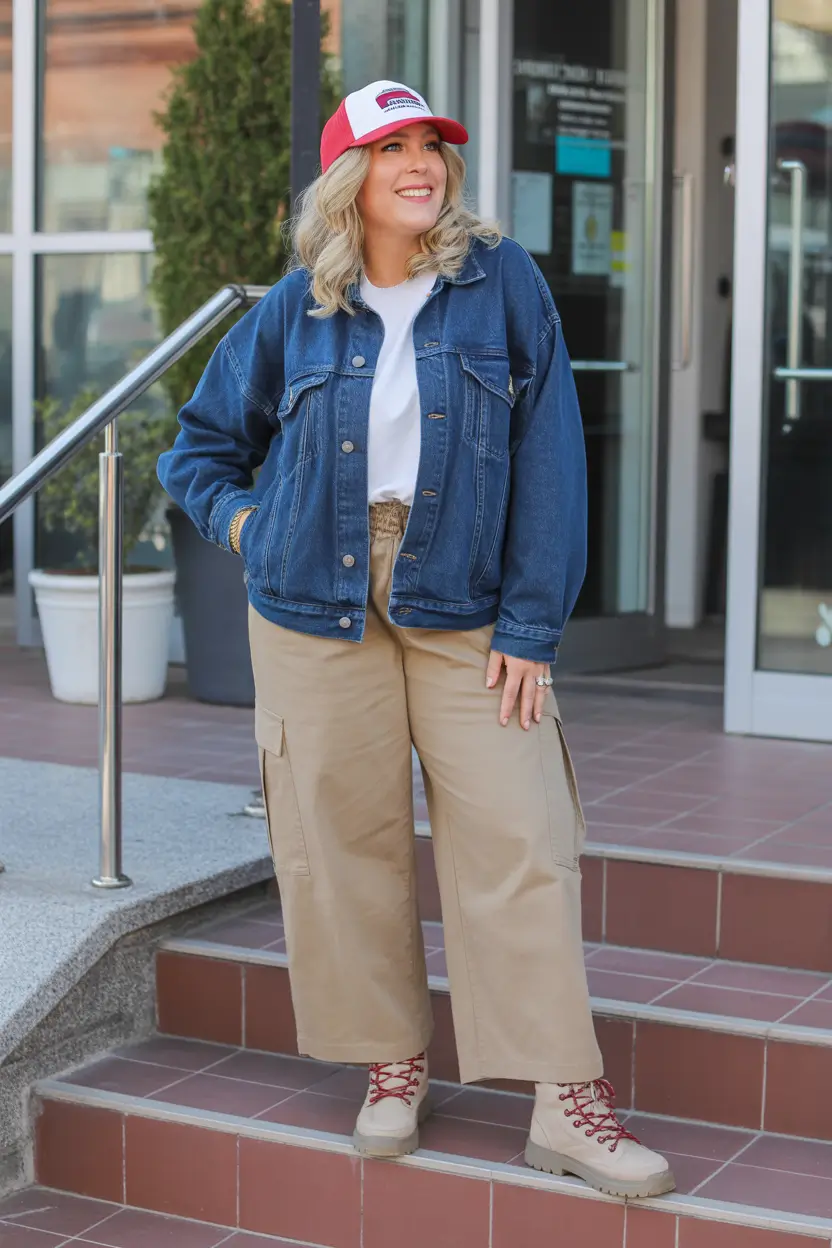 oversized midsize spring outfits 2026 Oversized Denim Jacket With Utility-Inspired Pants