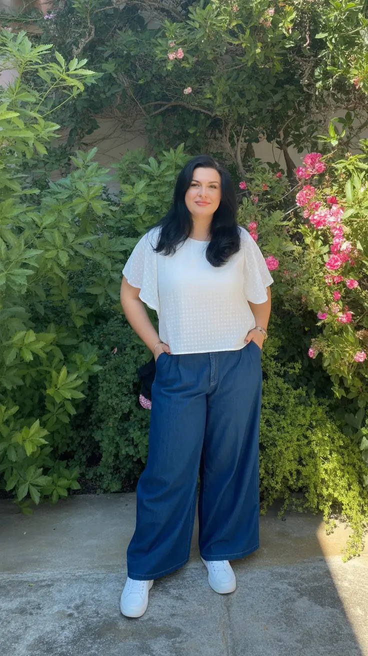 oversized midsize spring outfits 2026 Airy White Blouse And Wide Denim Trousers For Fresh Spring Casual