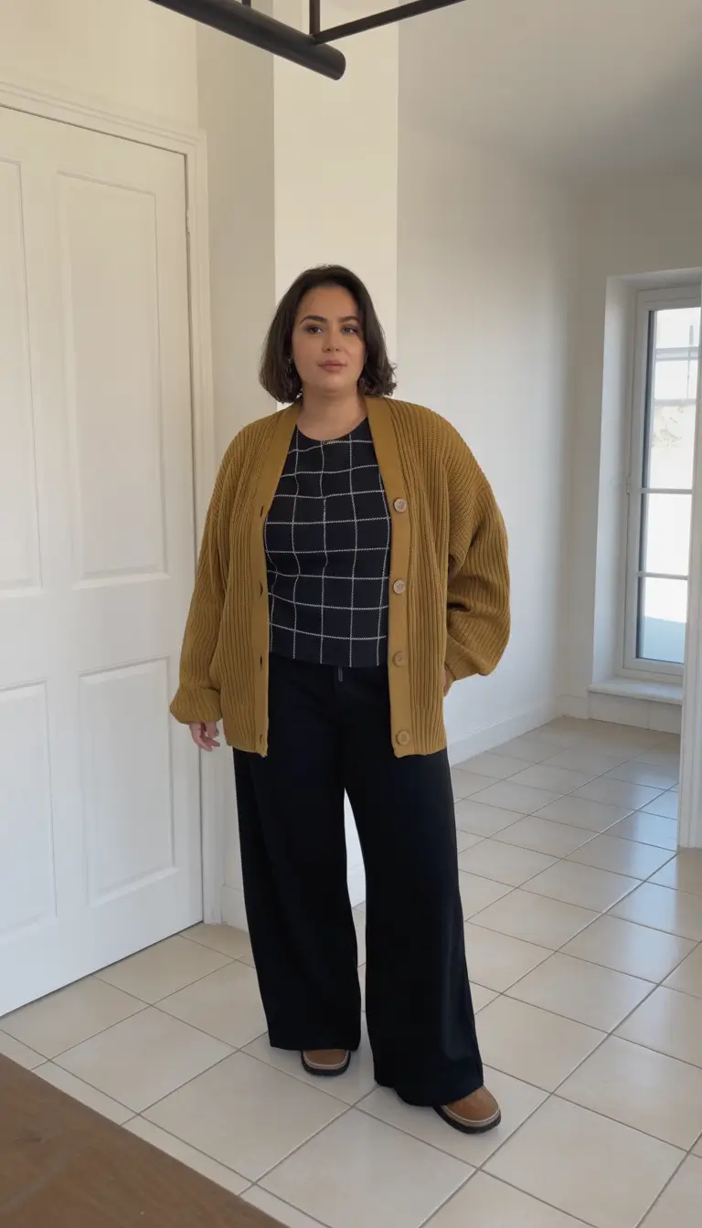oversized midsize spring outfits 2026 Relaxed Mustard Cardigan And Tailored Black Trousers For Work
