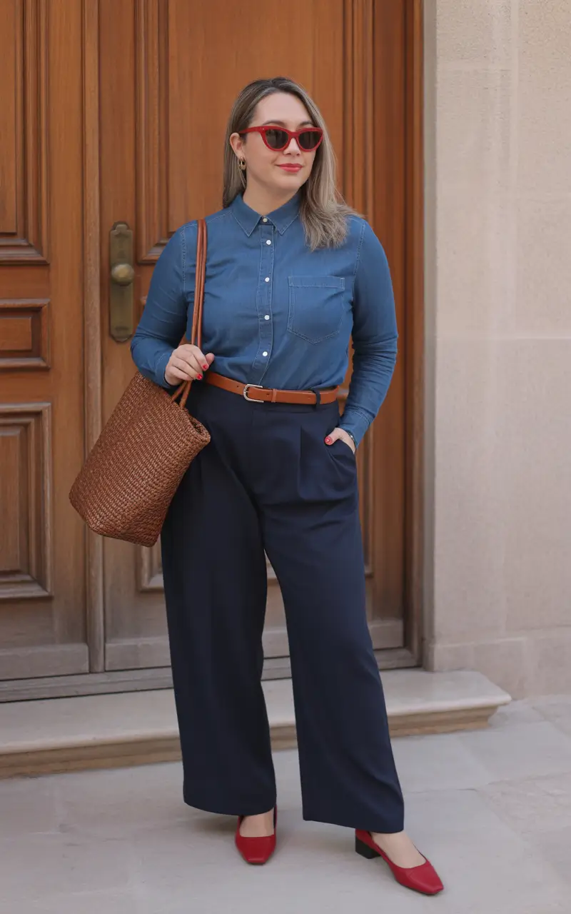 oversized midsize spring outfits 2026 Structured Denim Shirt And Navy Trousers For Chic City Workwear