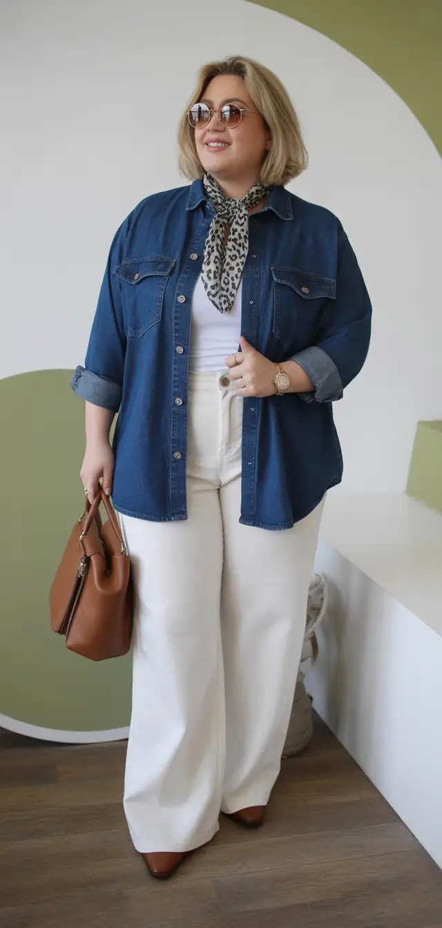 oversized midsize spring outfits 2026 Oversized Denim Shirt And Cream Wide Pants For Soft Spring Layers
