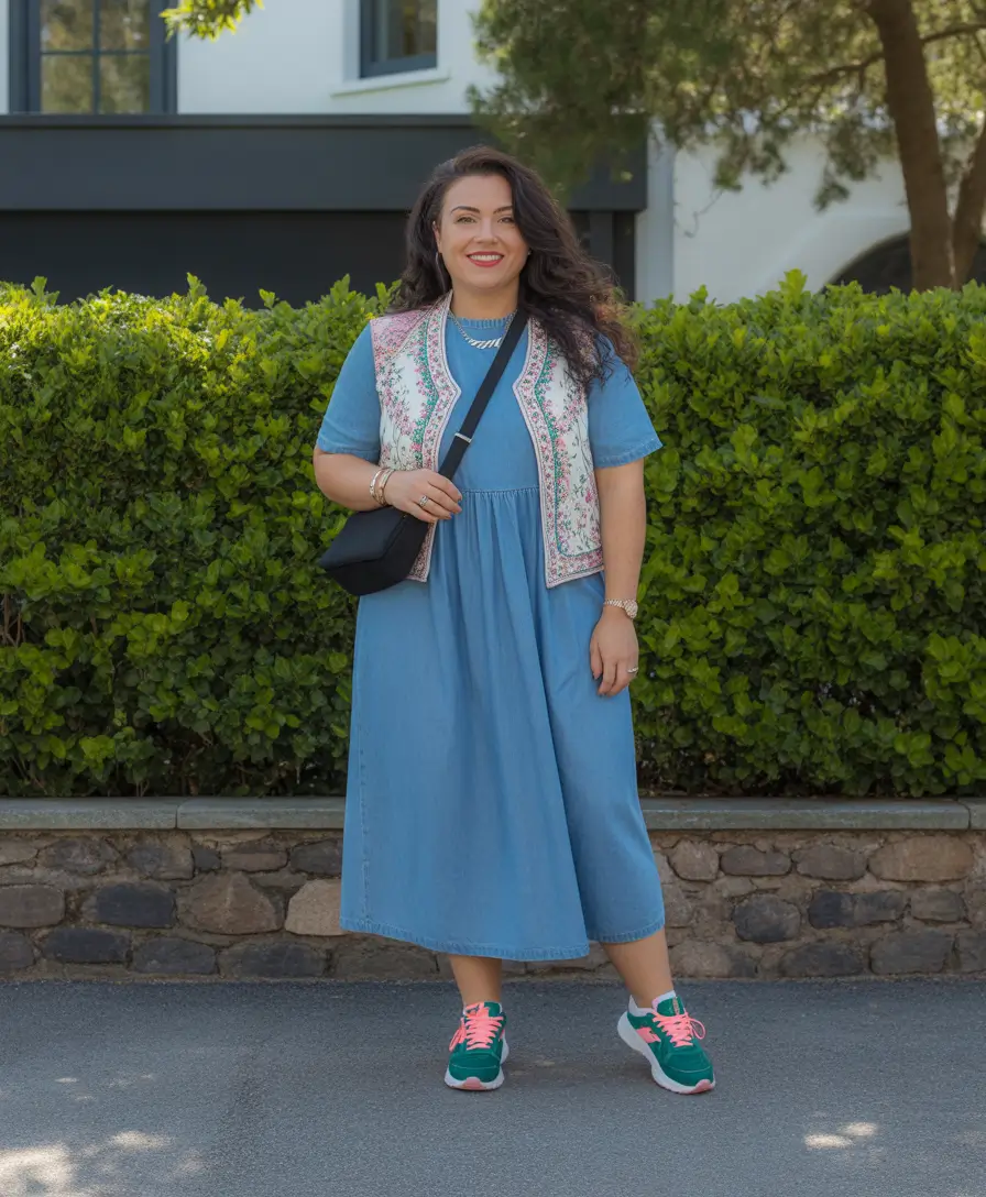 oversized midsize spring outfits 2026 Breezy Denim Dress With Vintage-Inspired Layering