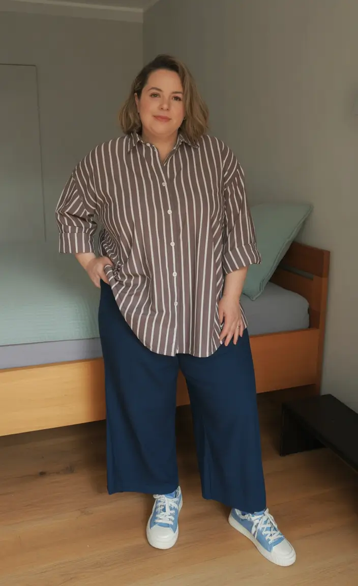 oversized midsize spring outfits 2026 Striped Oversized Shirt And Wide Navy Pants For Effortless Spring Style