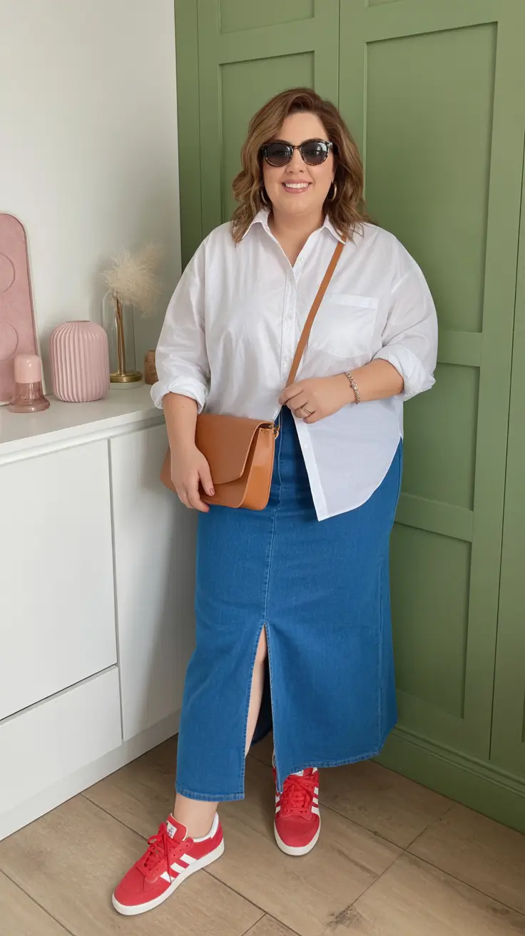 oversized midsize spring outfits 2026 Classic White Shirt And Denim Midi Skirt Combo