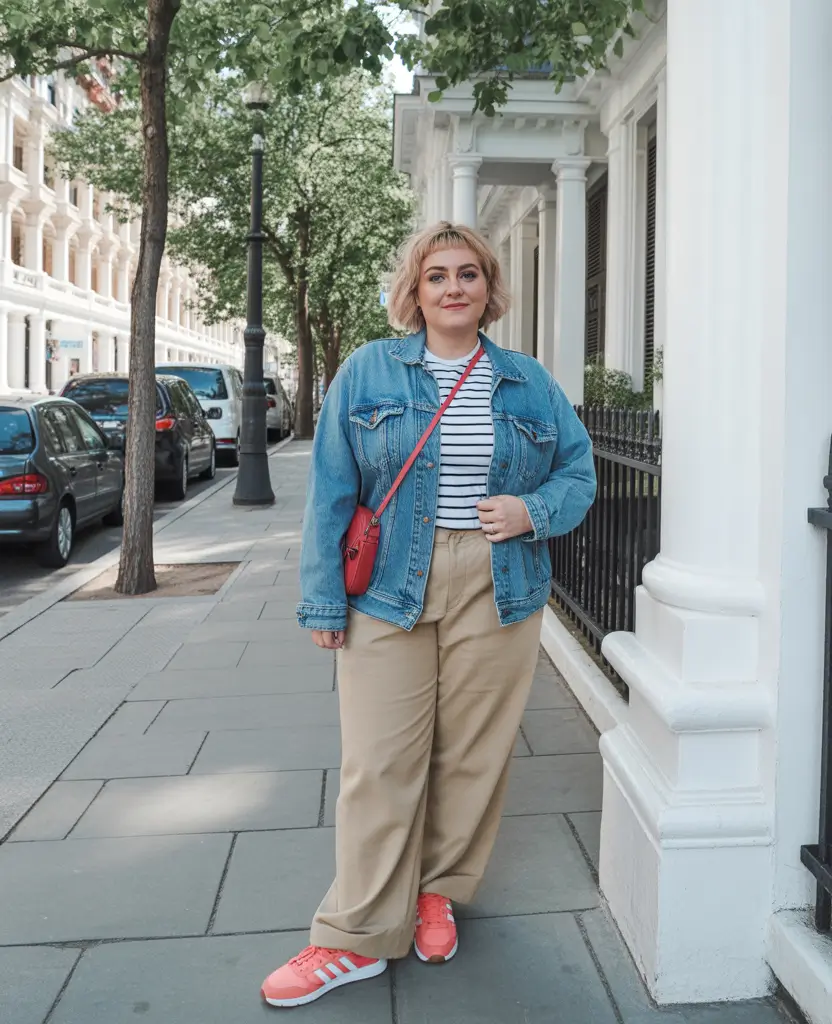 oversized midsize spring outfits 2026 Street Style Denim Jacket And Relaxed Trousers