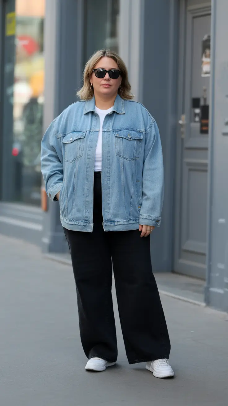oversized midsize spring outfits 2026 Relaxed Denim Jacket And Wide Leg Pants For Casual Spring Days