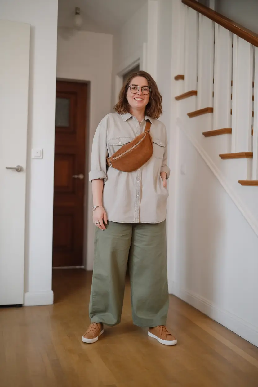 oversized midsize spring outfits 2026 Soft Utility Layers With Cropped Wide Pants