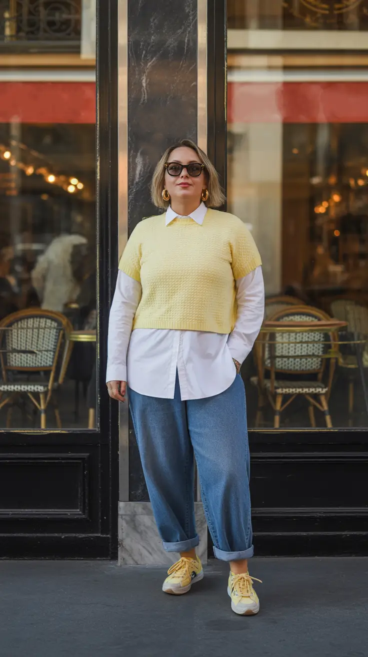 oversized midsize spring outfits 2026 Layered Knit And Shirt Combo For Effortless City Style