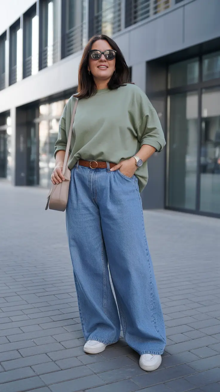 oversized midsize spring outfits 2026 Oversized Sweatshirt And Wide Jeans For Modern Street Style
