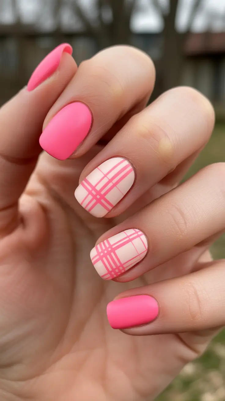 modern minimalist spring nails 2026 Fresh Pink Plaid For Minimalist Spring Nails Pink
