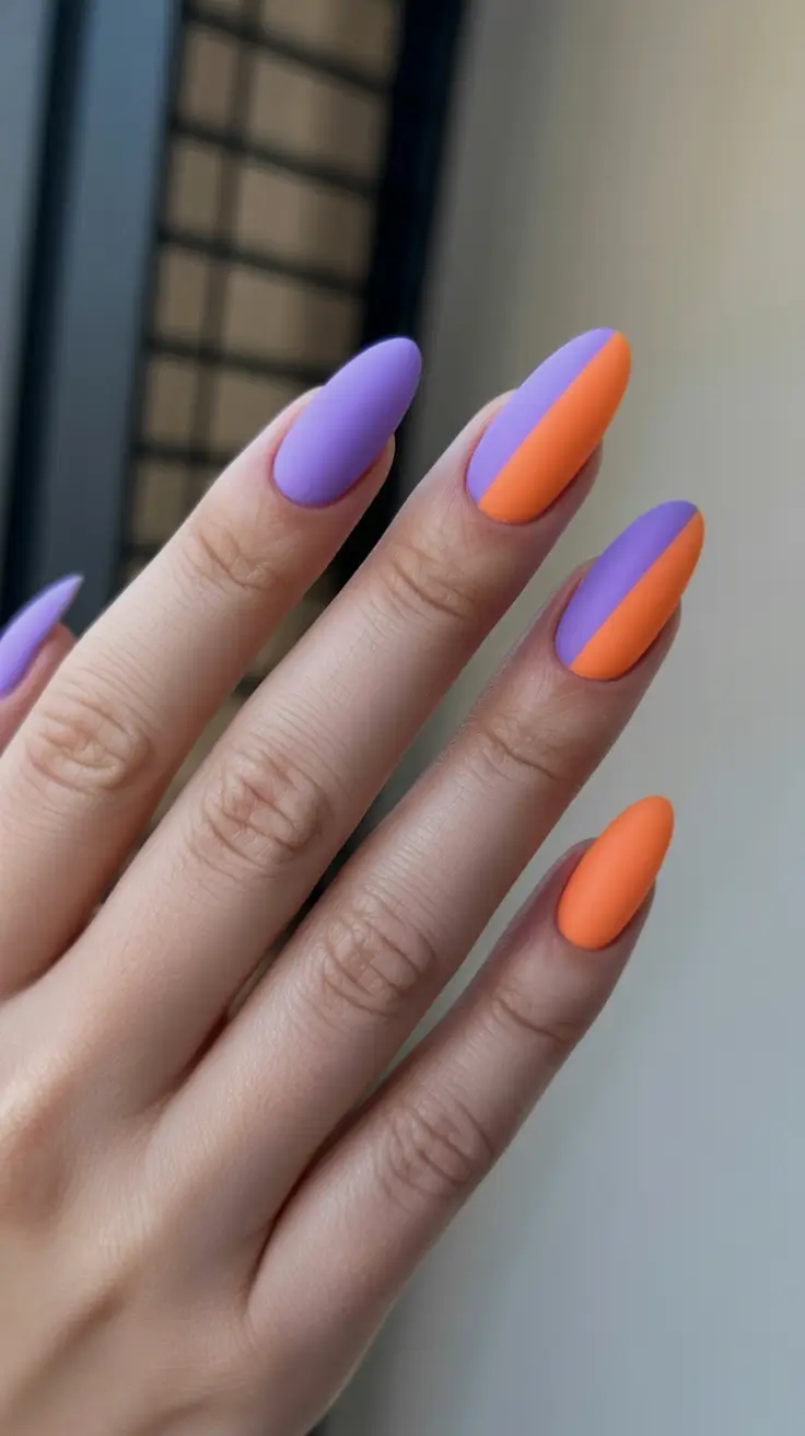 minimalist spring nails 2026 Matte Lavender And Orange Color Block Nails