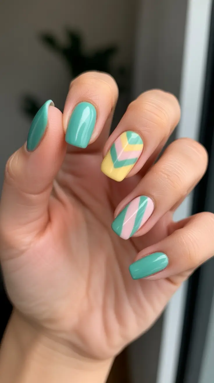 modern minimalist spring nails 2026 Playful Pastel Geometry In Green And Yellow