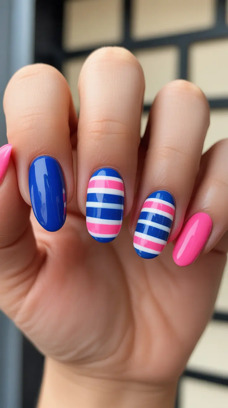 minimalist spring nails 2026 Bold Pink And Blue Striped Spring Nails