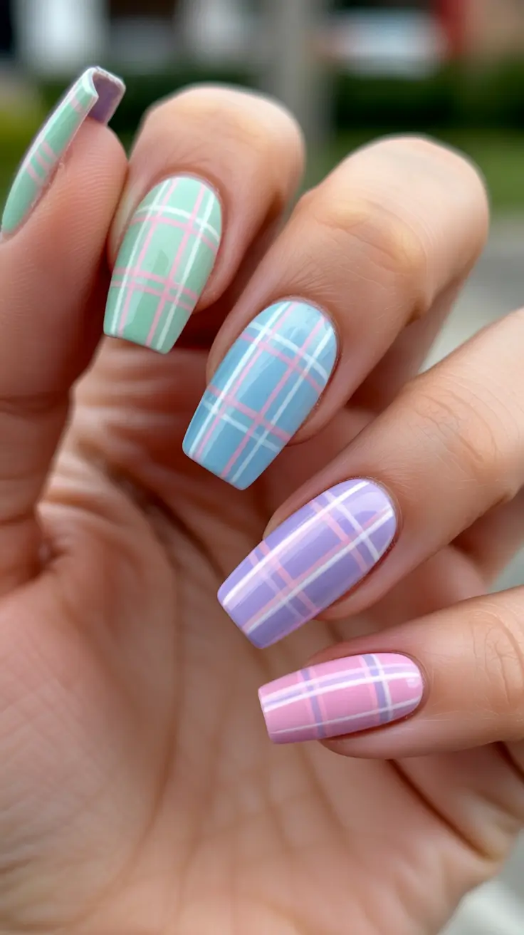 modern minimalist spring nails 2026 Pastel Plaid For Soft Blue Spring Nail Inspo