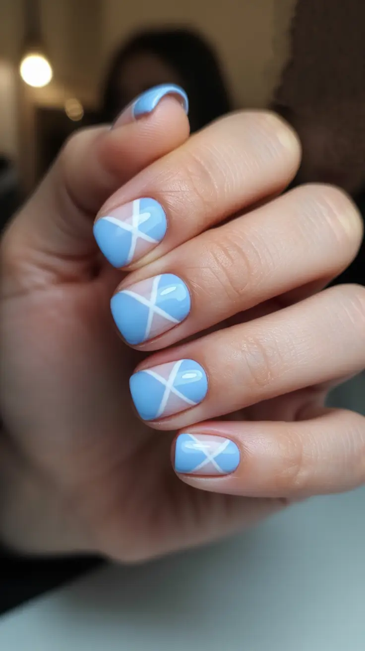 minimalist spring nails 2026 Baby Blue Crossline Nail Art