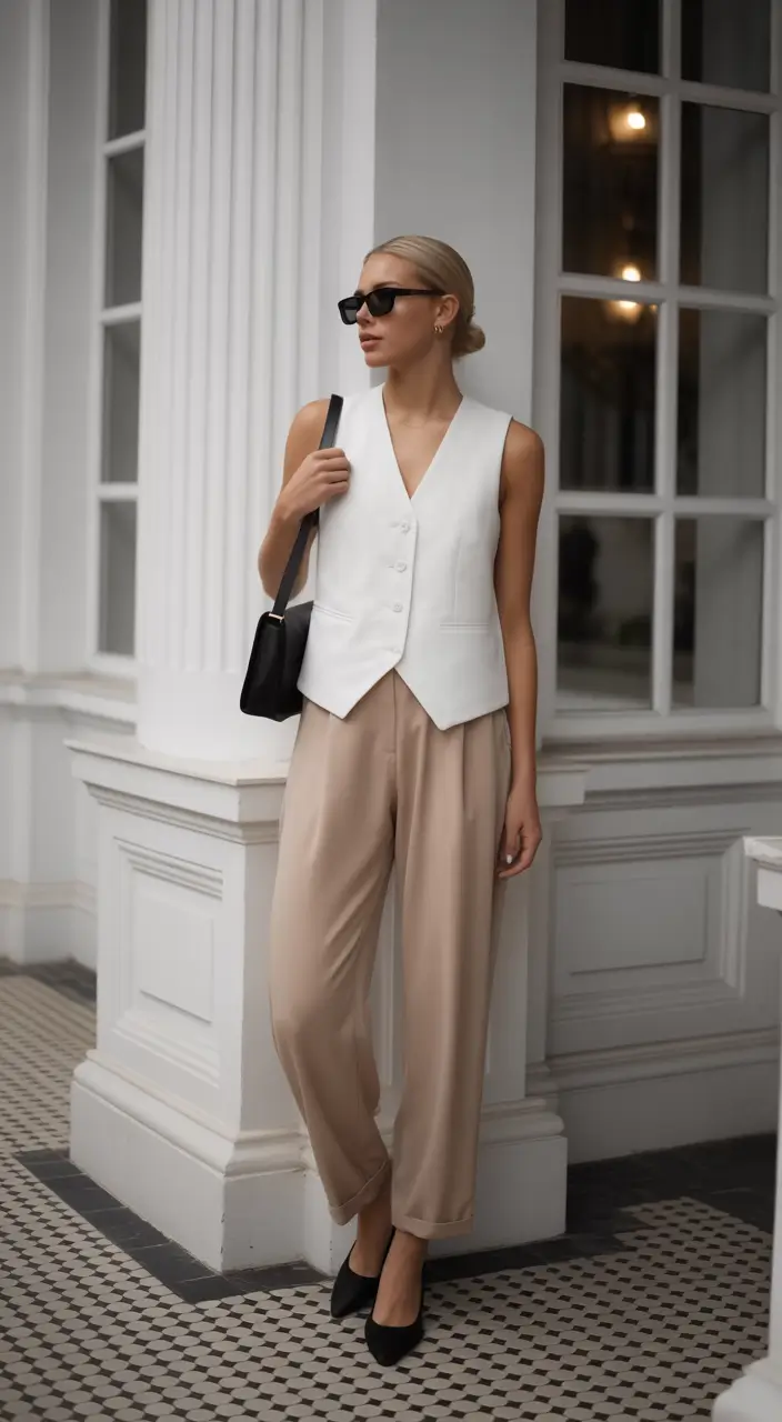 vintage old money spring outfits 2026 Tailored Vest And Soft Trousers Minimalist Old Money Spring Style