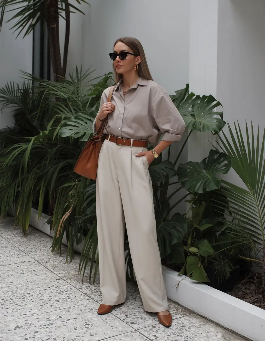 vintage old money spring outfits 2026 Relaxed Tailoring With Neutral Shirt And Wide Trousers