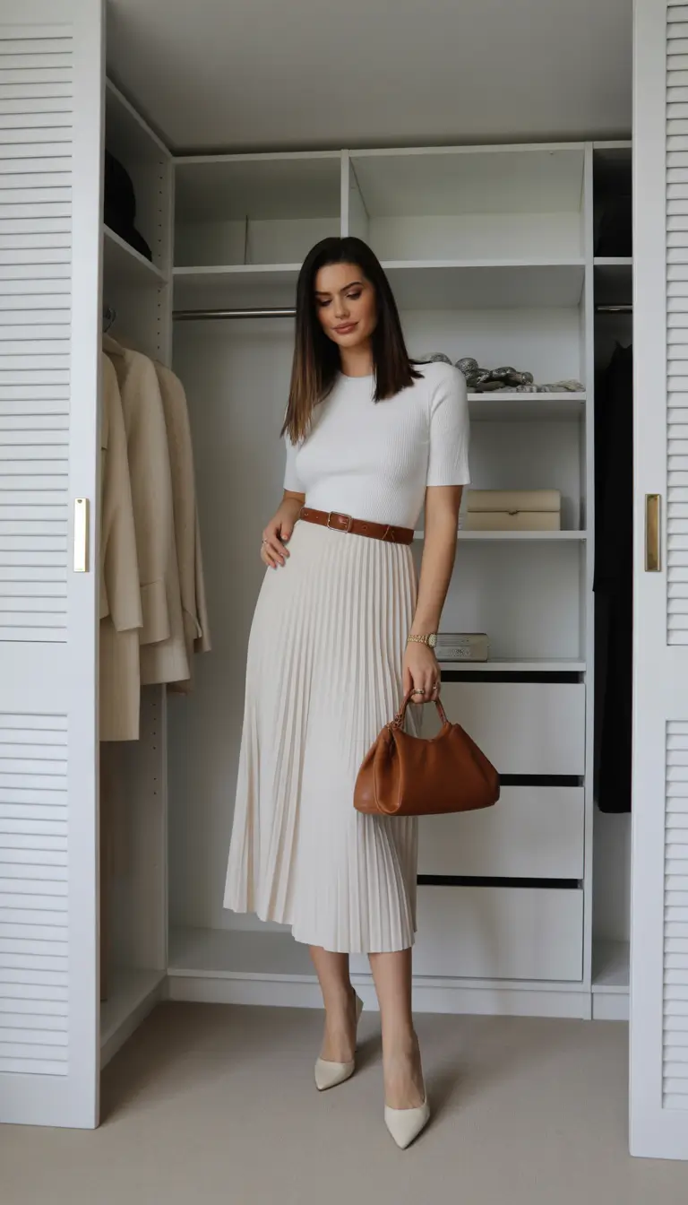 vintage old money spring outfits 2026 Pleated Skirt And Knit Top Capsule Wardrobe Classic