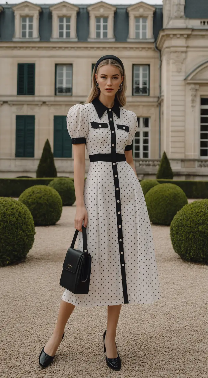 vintage old money spring outfits 2026 Polka Dot Vintage Midi Dress Classic Parisian Old Money Style