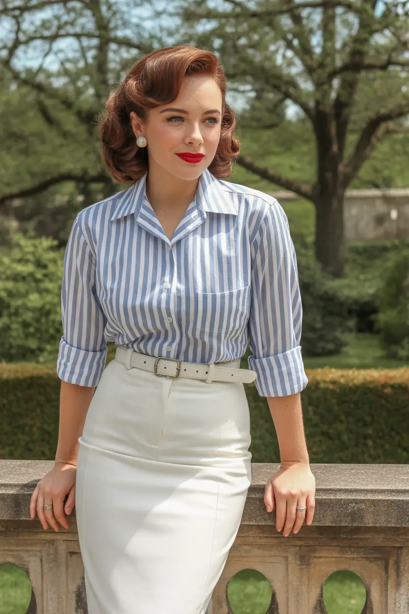 vintage old money spring outfits 2026 Vintage Striped Shirt And Pencil Skirt Spring Classic