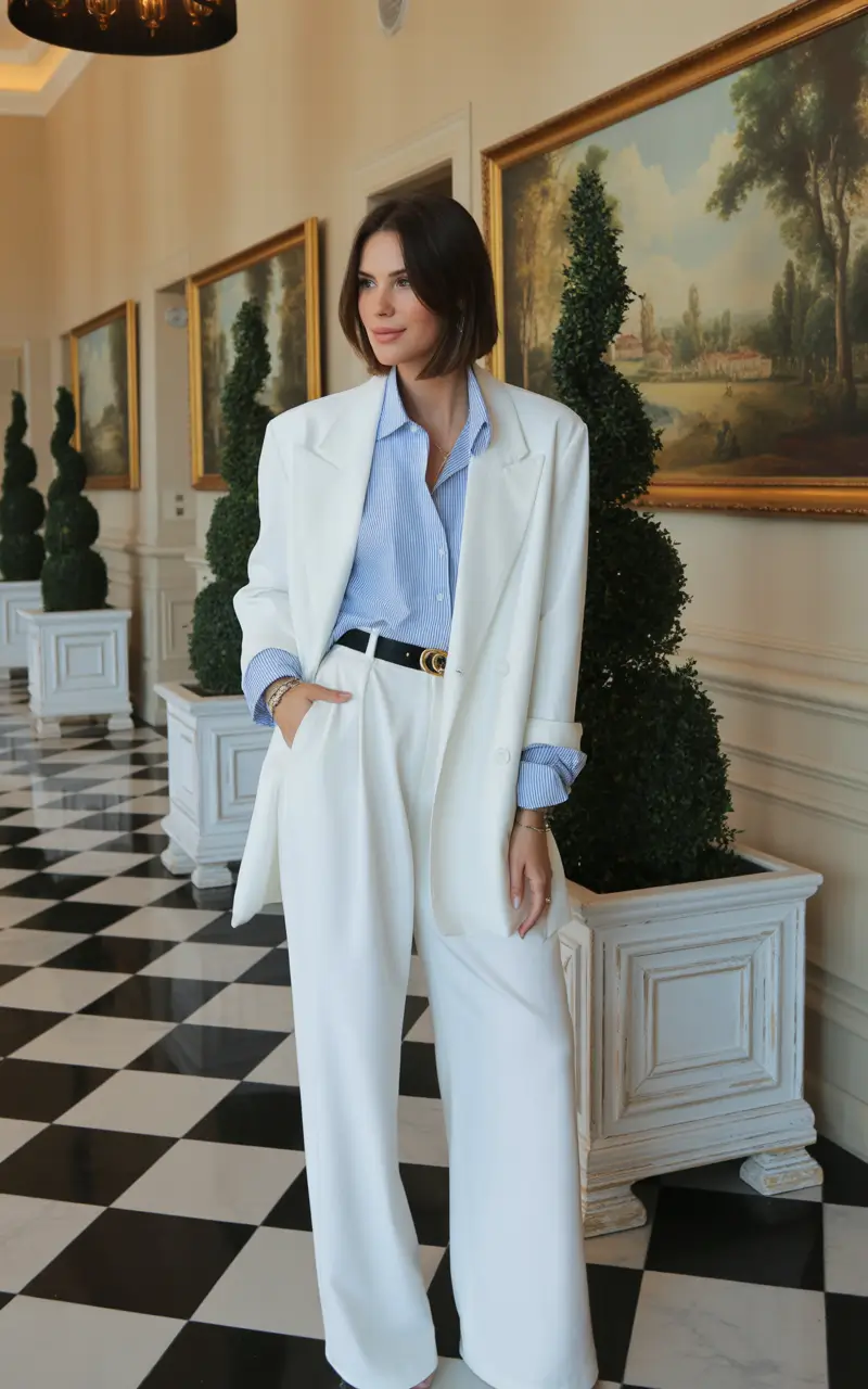 vintage old money spring outfits 2026 Cream Tailored Suit With Blue Shirt Quiet Luxury Business Casual Look