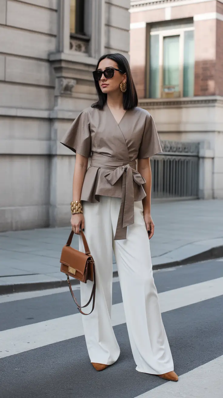 vintage old money spring outfits 2026 Wrap Blouse And Tailored Trousers Elegant Neutral City Dressing