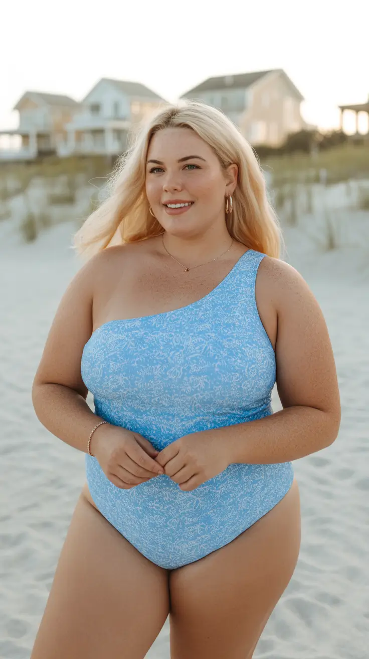 plus size swimsuit Summer 2026 Soft Blue Asymmetry For A Modern Beach Mood