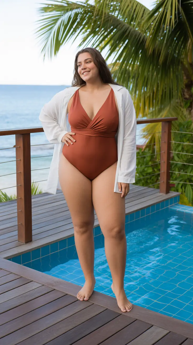 plus size swimsuit Summer 2026 Warm Minimalism With A White Coverup And Sculpted One Piece