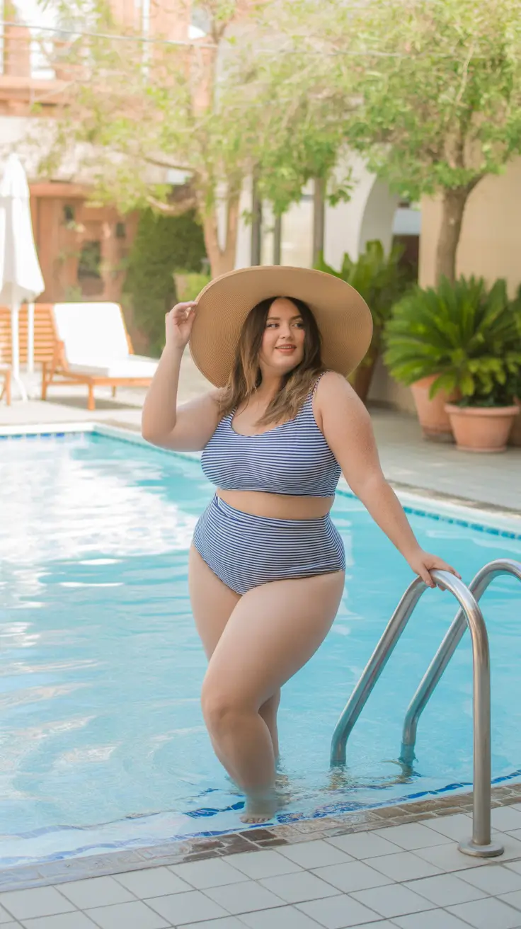 plus size swimsuit Summer 2026 Striped Two Piece With Retro Poolside Energy