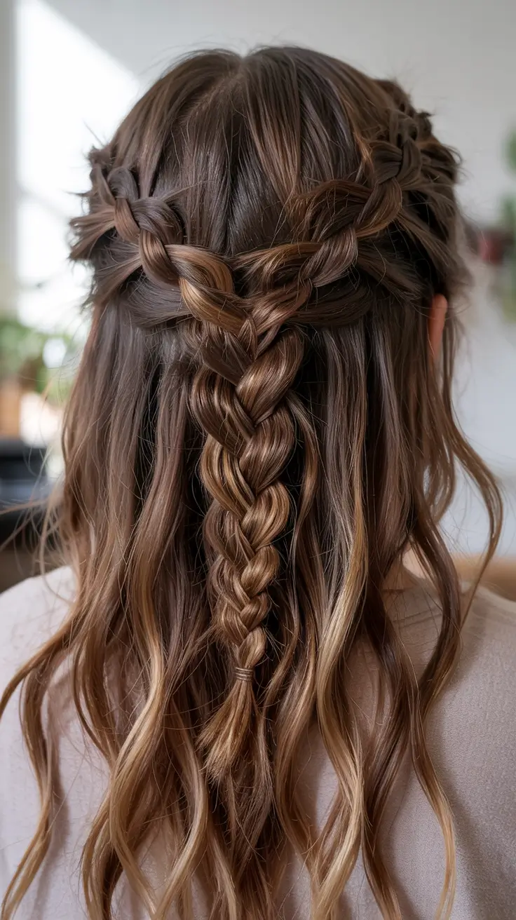 edgy spring braids hairstyle 2026 Boho Crown Braids Flowing Into A Textured Back Plait