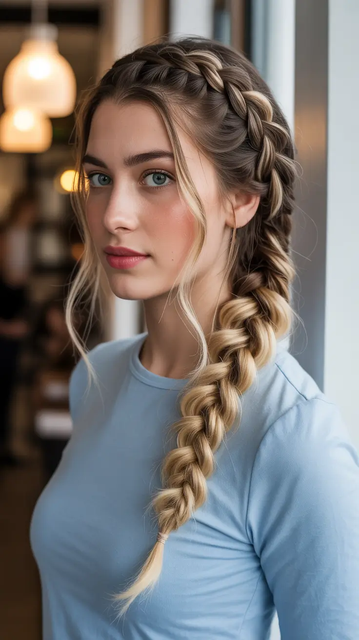 edgy spring braids hairstyle 2026 Side Crown Braid With Long Twist Detail