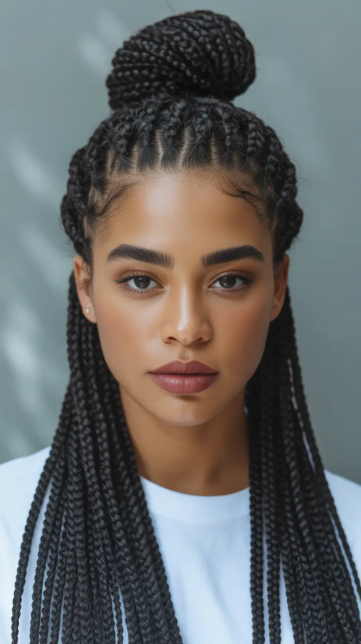 edgy spring braids hairstyle 2026 High Crown Knotless Braids With Statement Top Bun