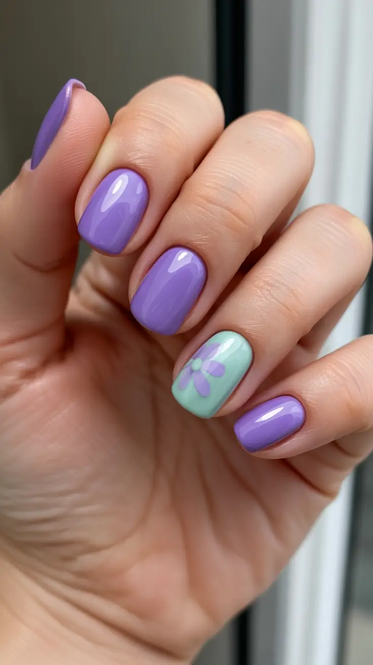 best easy spring nail designs 2026 Soft Lavender Gloss With Pastel Flower Accent