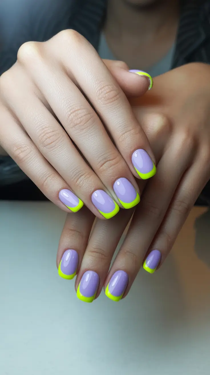 best easy spring nail designs 2026 Lavender Nails With Neon French Tips