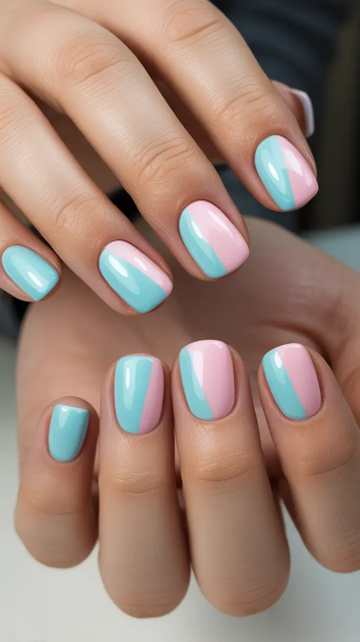 best easy spring nail designs 2026 Pink And Blue Diagonal Color Split