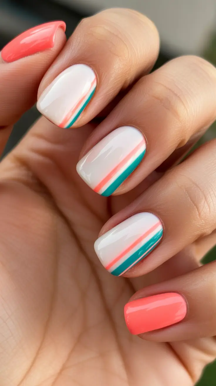 best easy spring nail designs 2026 White Base With Corals And Teal Stripes