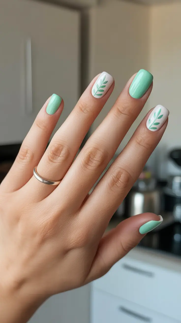 best easy spring nail designs 2026 Fresh Mint Leaves Accent