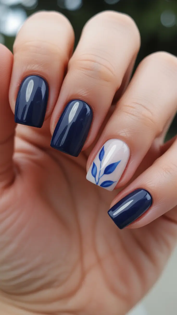 best easy spring nail designs 2026 Deep Navy Shine With Minimal Leaf Art