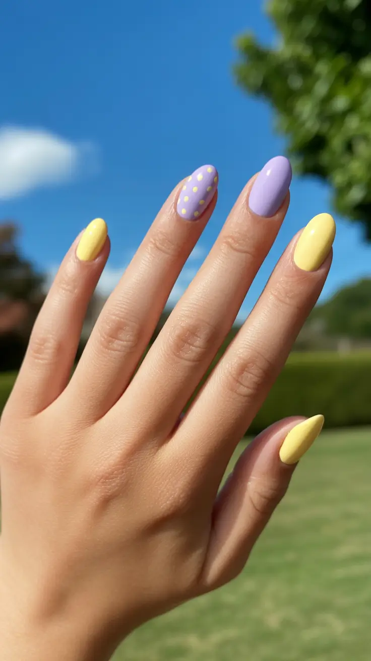 best easy spring nail designs 2026 Lavender And Lemon Polka-Dot Mix
