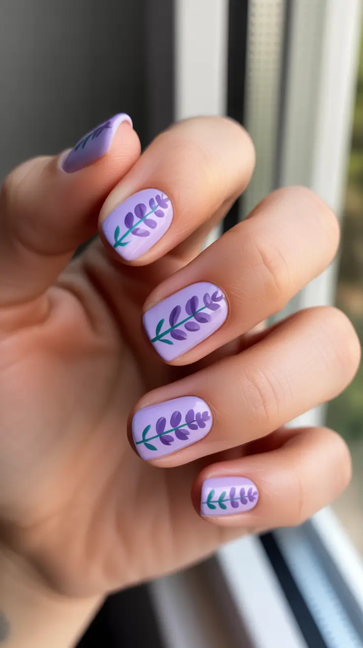 best easy spring nail designs 2026 Lavender Leafy Branches