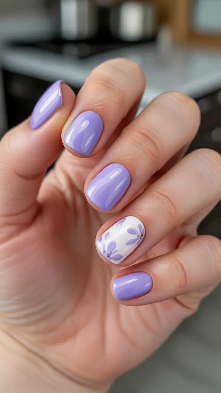 best easy spring nail designs 2026 Light Purple Blend With Soft Floral Accents