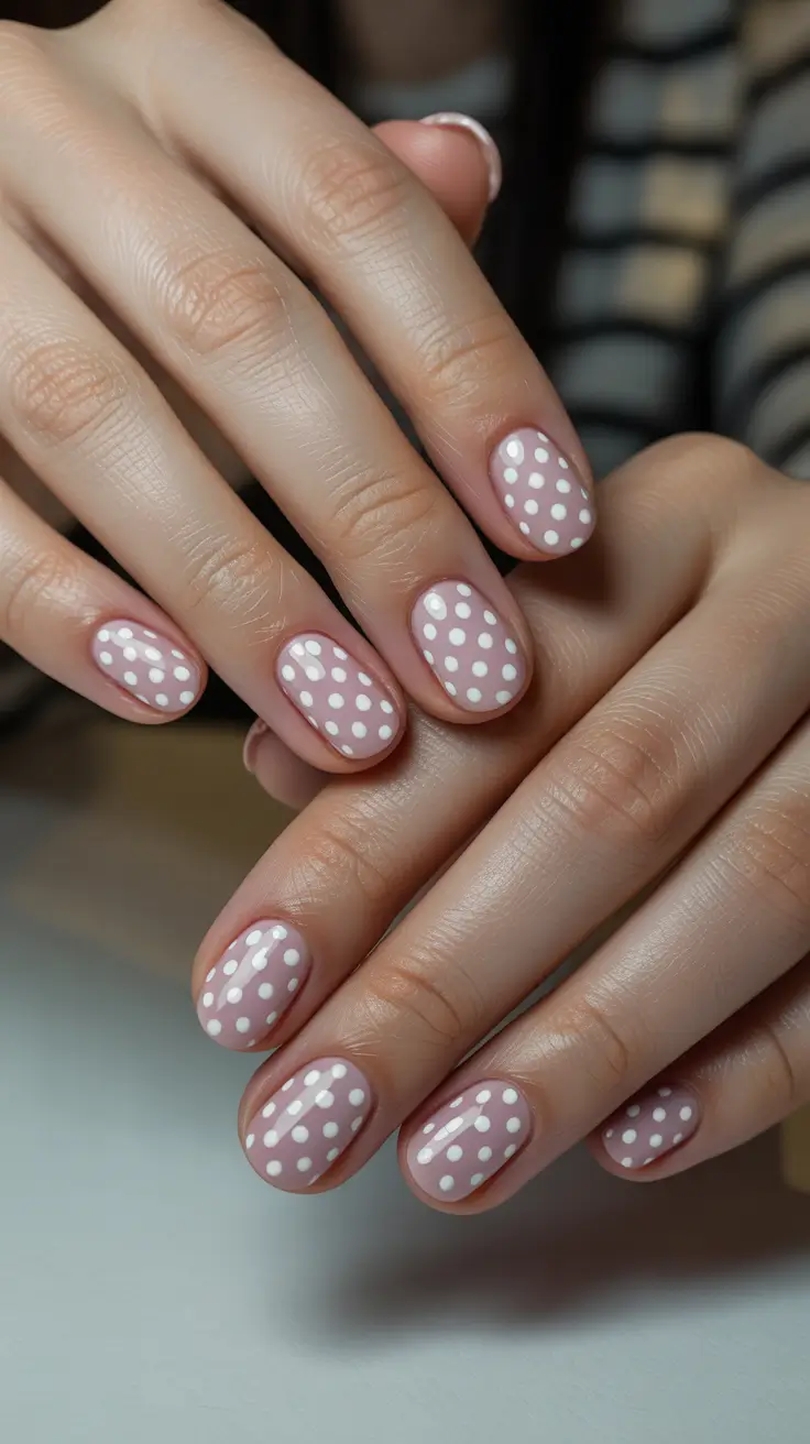 best easy spring nail designs 2026 Soft Pink Base With Clean White Polka Dots