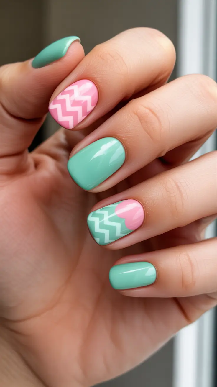 best easy spring nail designs 2026 Mint Waves And Pink Zigzags