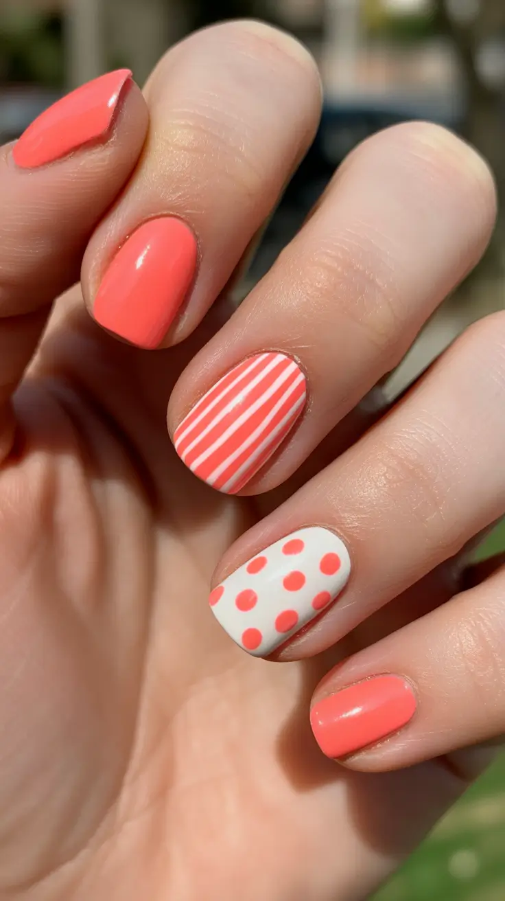 best easy spring nail designs 2026 Coral Sunshine With Playful Patterns