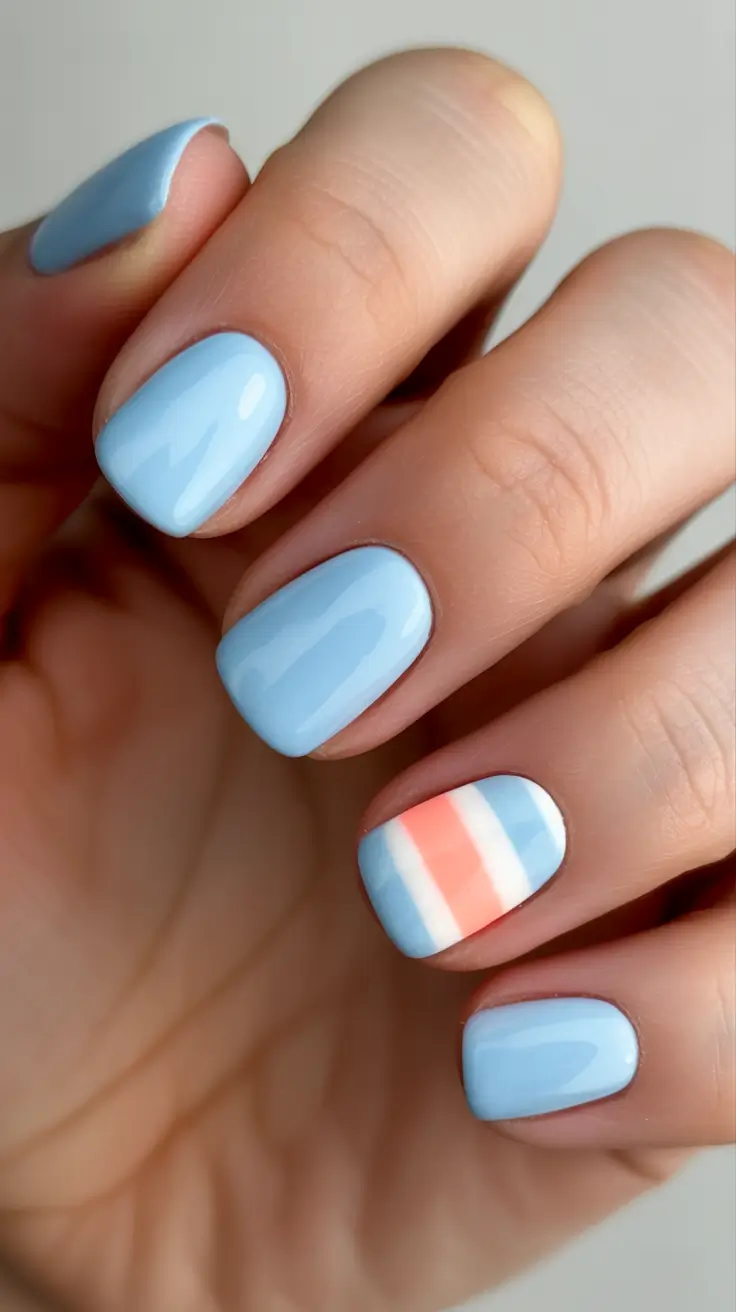best easy spring nail designs 2026 Sky Blue With Soft Pastel Stripes